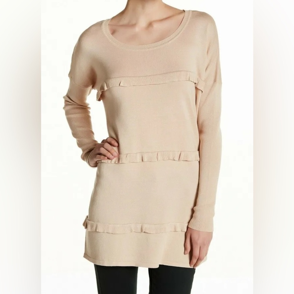Rayon material Solutions Women's Rayon Ruffle Trim Beige Pullover Tunic Sweater